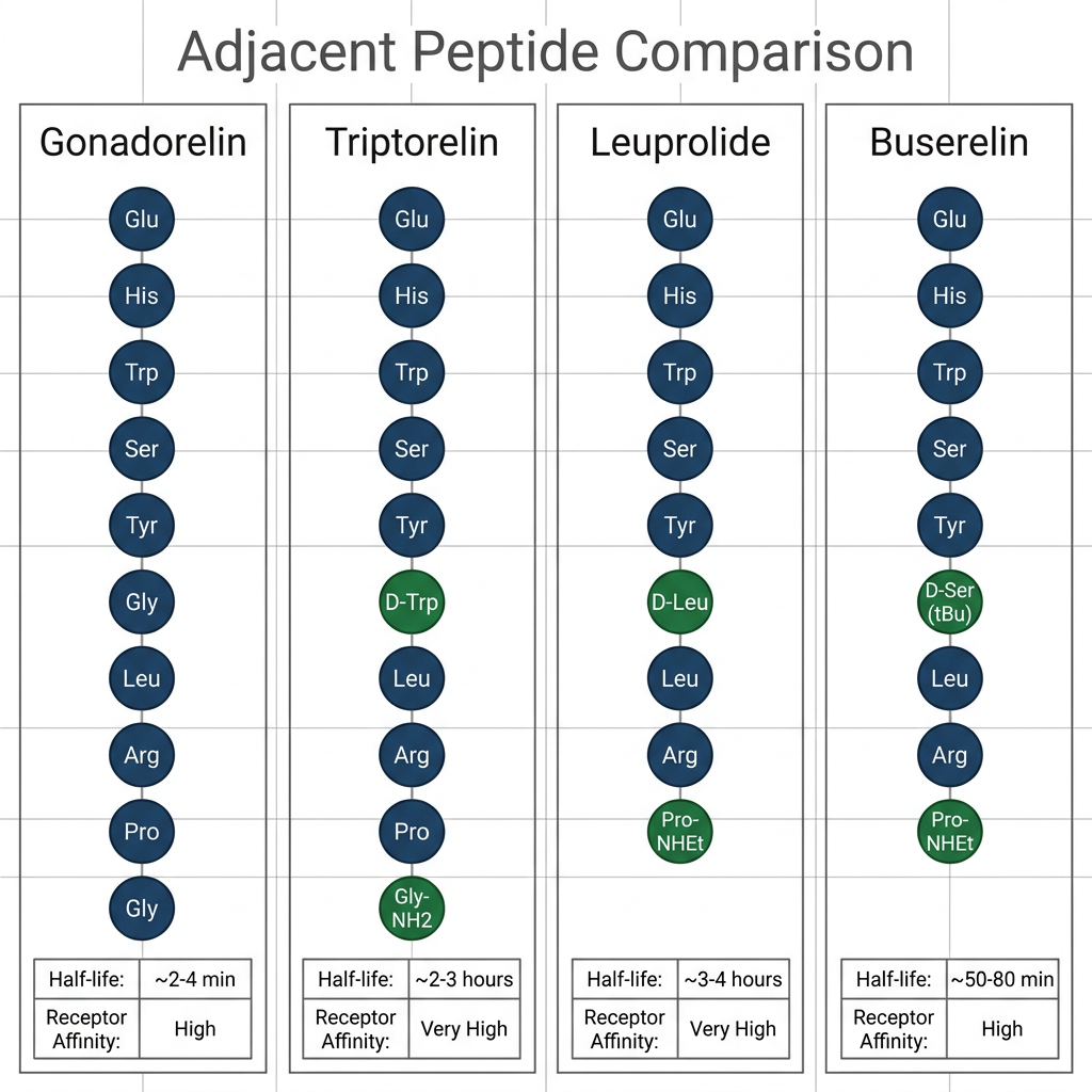 Comparison of gonadorelin analog peptide structures and properties