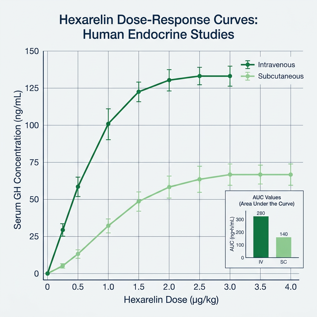 Dose-response graph comparing hexarelin GH release via intravenous and subcutaneous routes.