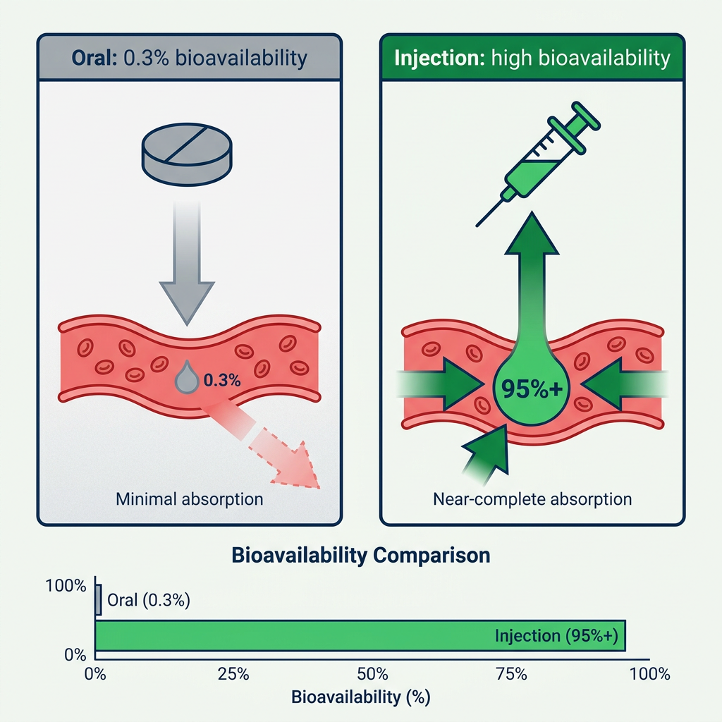 Infographic comparing hexarelin oral bioavailability 0.3 percent versus injection high absorption.