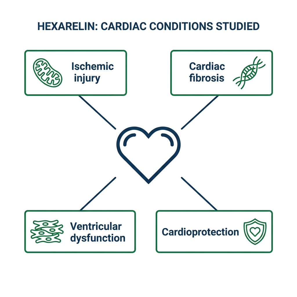 Diagram showing cardiac conditions linked to hexarelin research including ischemia and fibrosis.