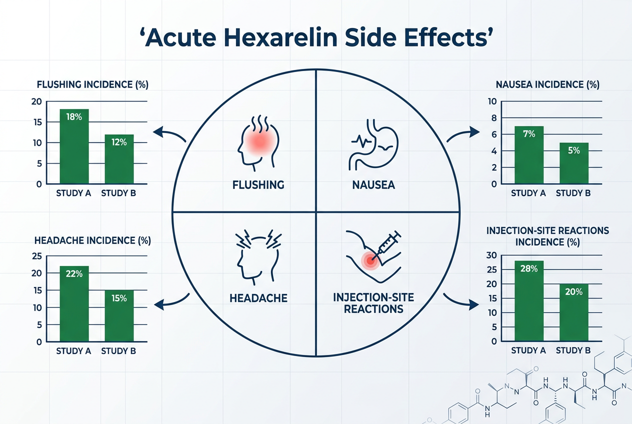 Infographic from the research hub showing acute hexarelin side effects with incidence bar charts and molecular structure.