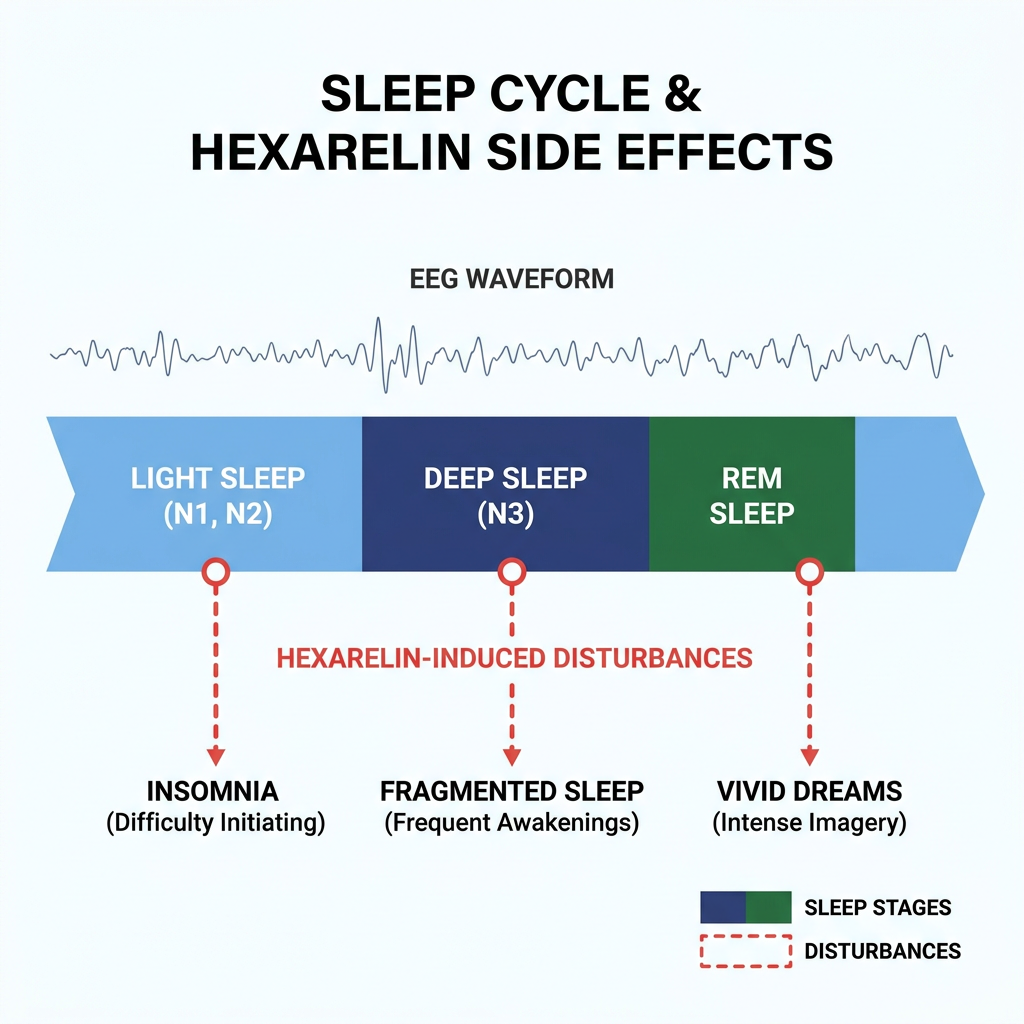 Sleep cycle timeline infographic showing hexarelin side effects like insomnia and vivid dreams with EEG waveform.