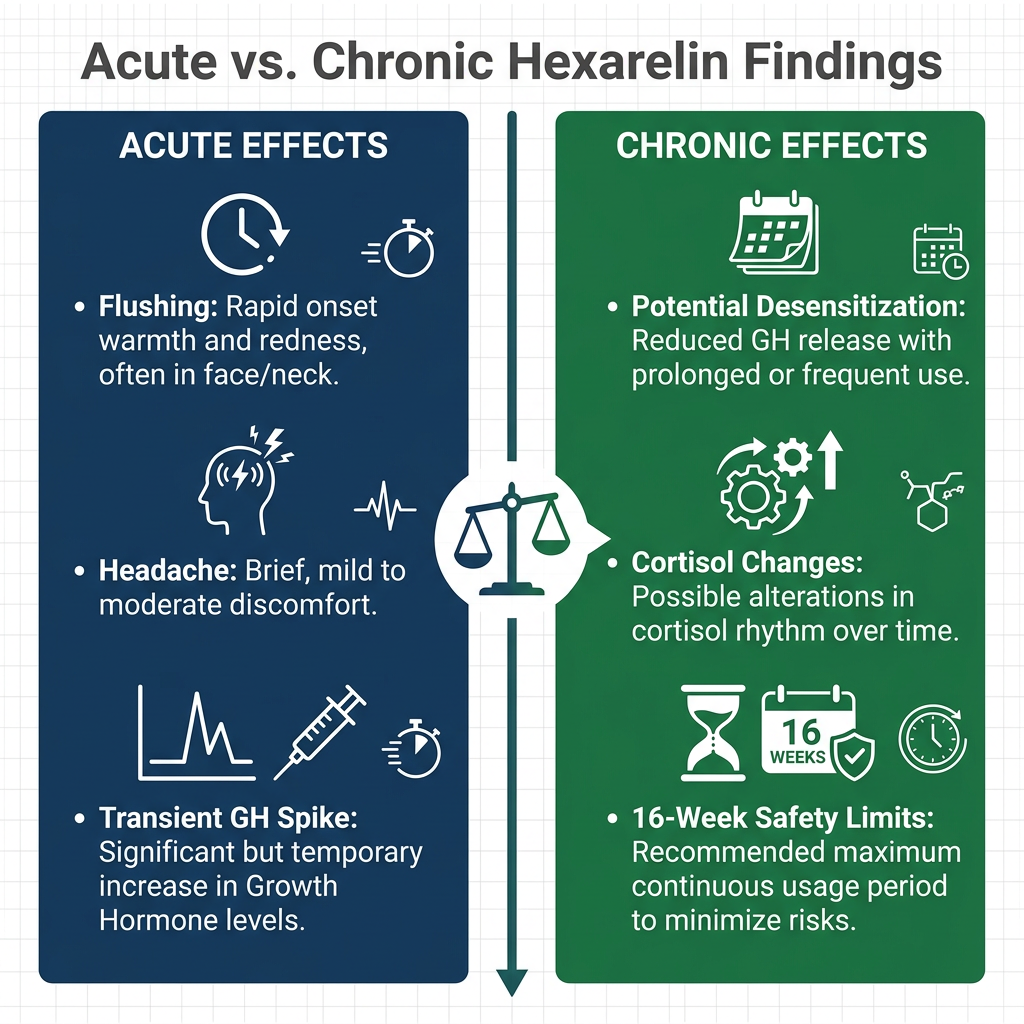 Comparison infographic separating acute and chronic hexarelin side effects with navy and green columns.