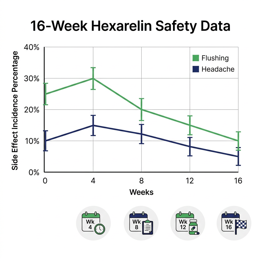 Line graph infographic showing 16-week hexarelin side effect incidence for flushing and headache.
