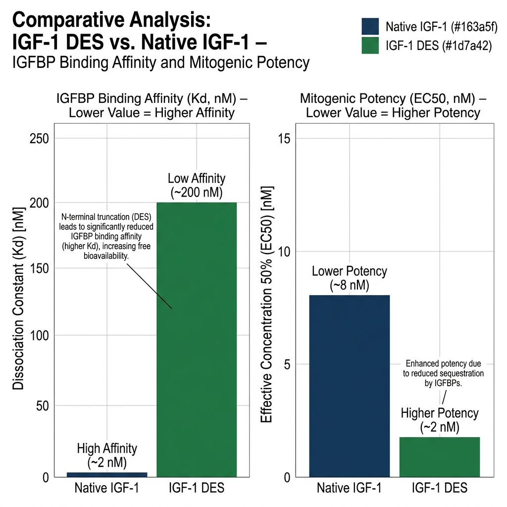 Comparative chart of IGF-1 DES potency and IGFBP binding from peptides library data