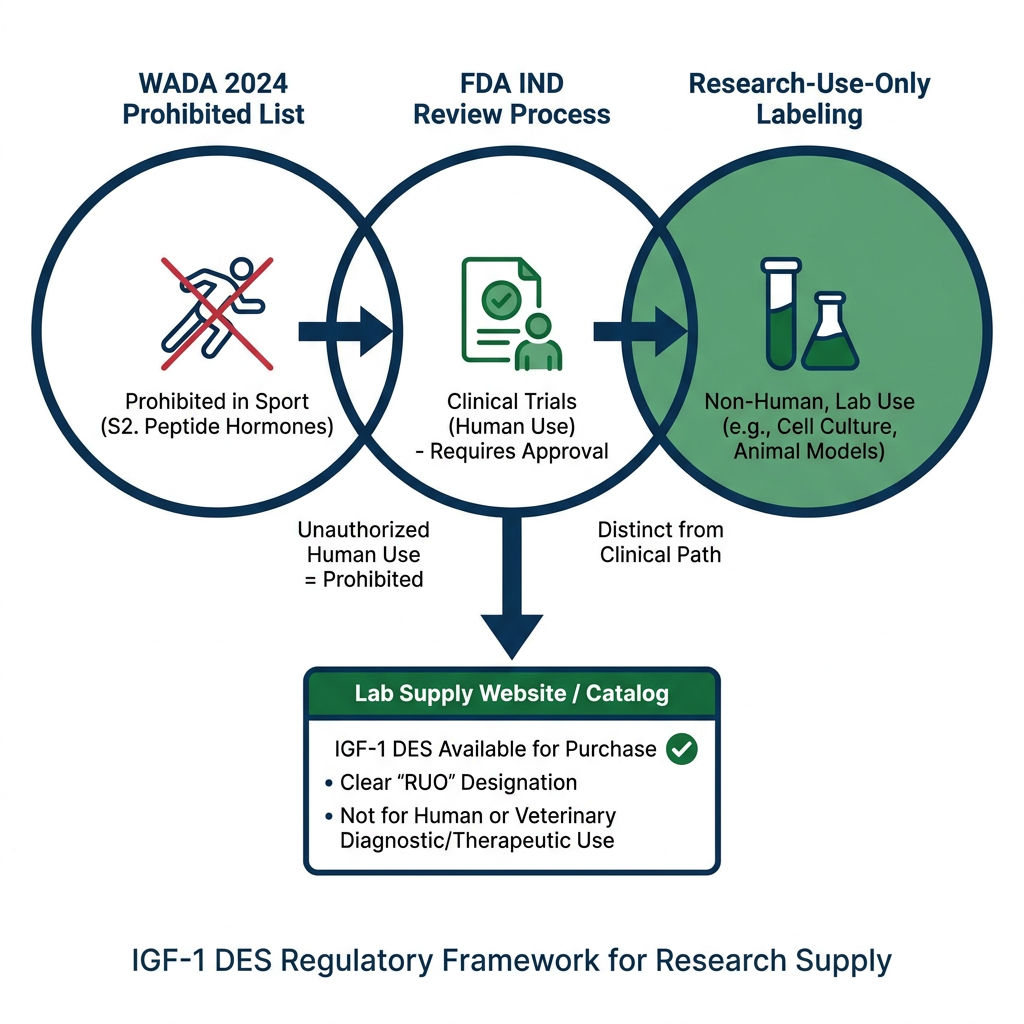 Regulatory frameworks diagram for IGF-1 DES including WADA 2024 and FDA IND