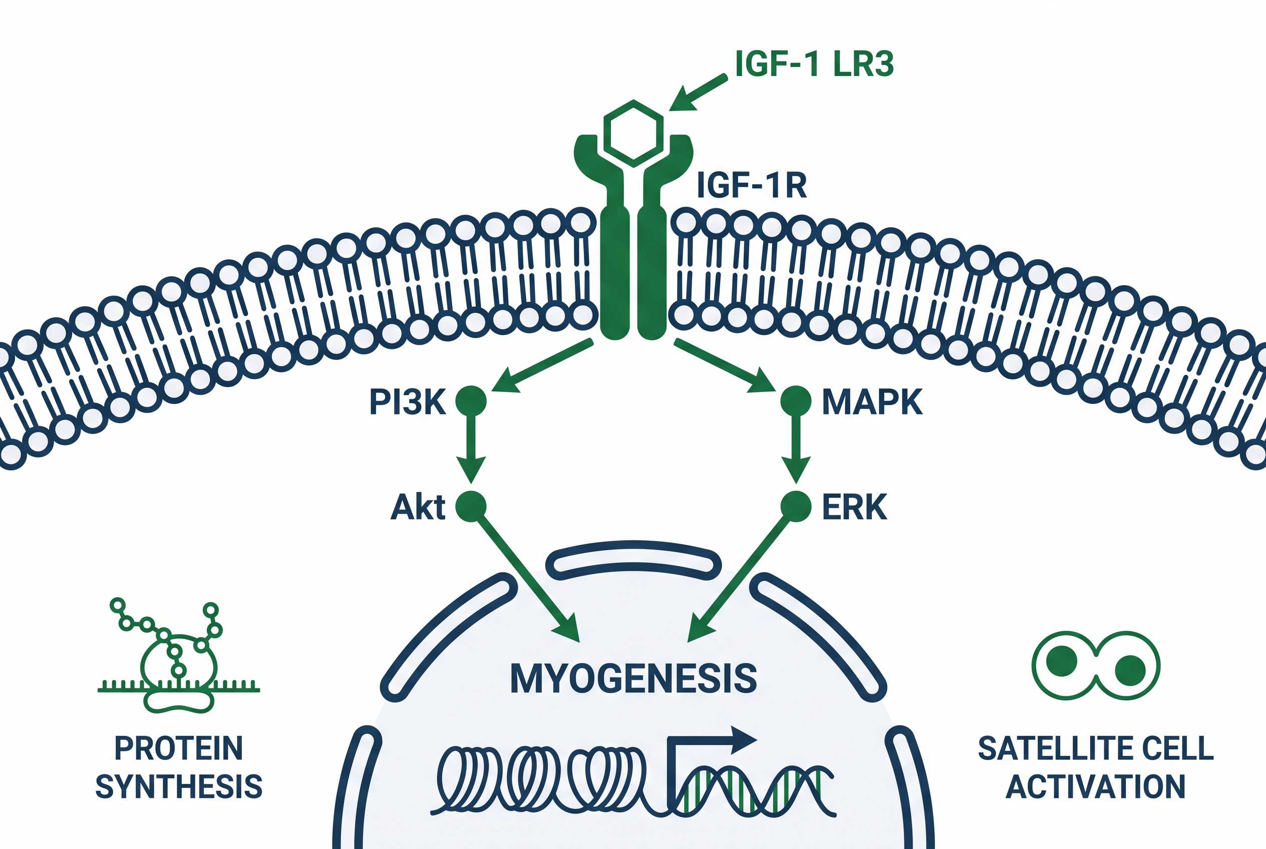 peptides library infographic of IGF-1 LR3 signaling pathways for myogenesis