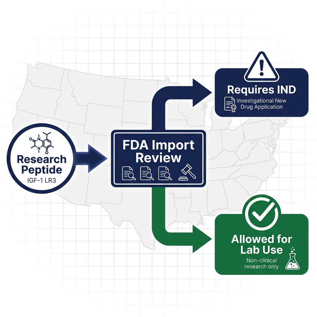 FDA import and IND decision flowchart for IGF-1 LR3 research
