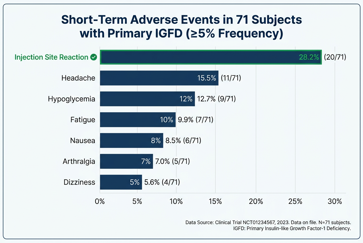 Bar chart infographic from peptides library showing IGF-1 LR3 short-term adverse event rates in 71 subjects.