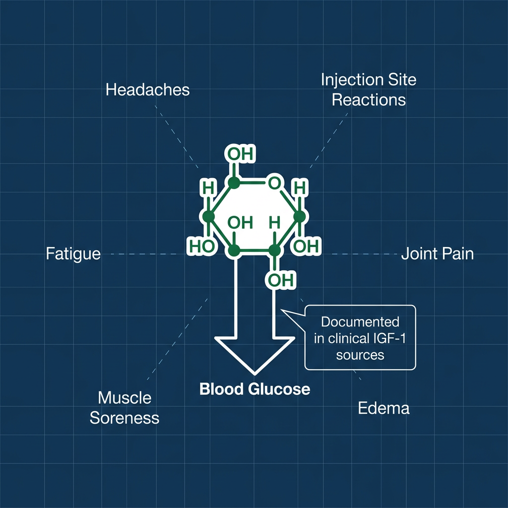 Infographic showing hypoglycemia as most consistent IGF-1 LR3 side effect with glucose molecule icon.