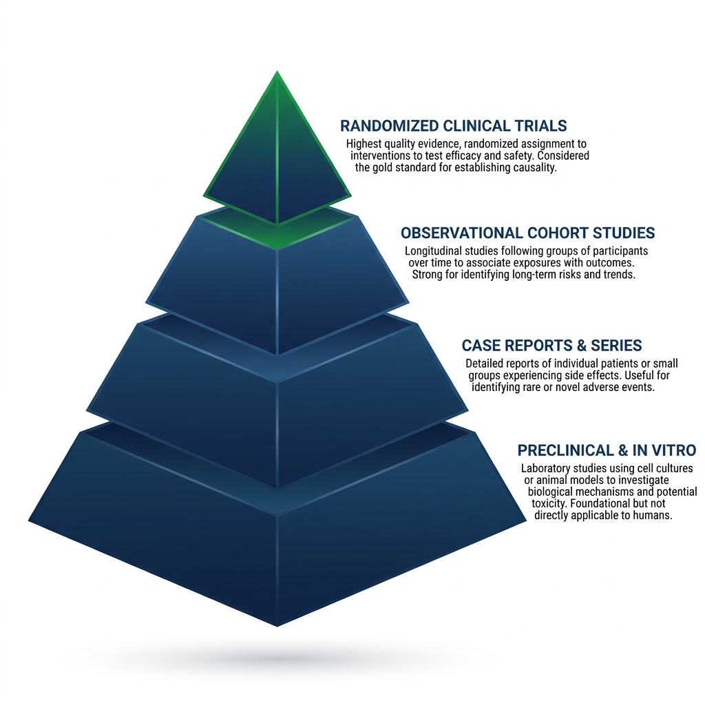 Evidence hierarchy pyramid diagram ranking clinical trials to preclinical studies for IGF-1 LR3 side effects.
