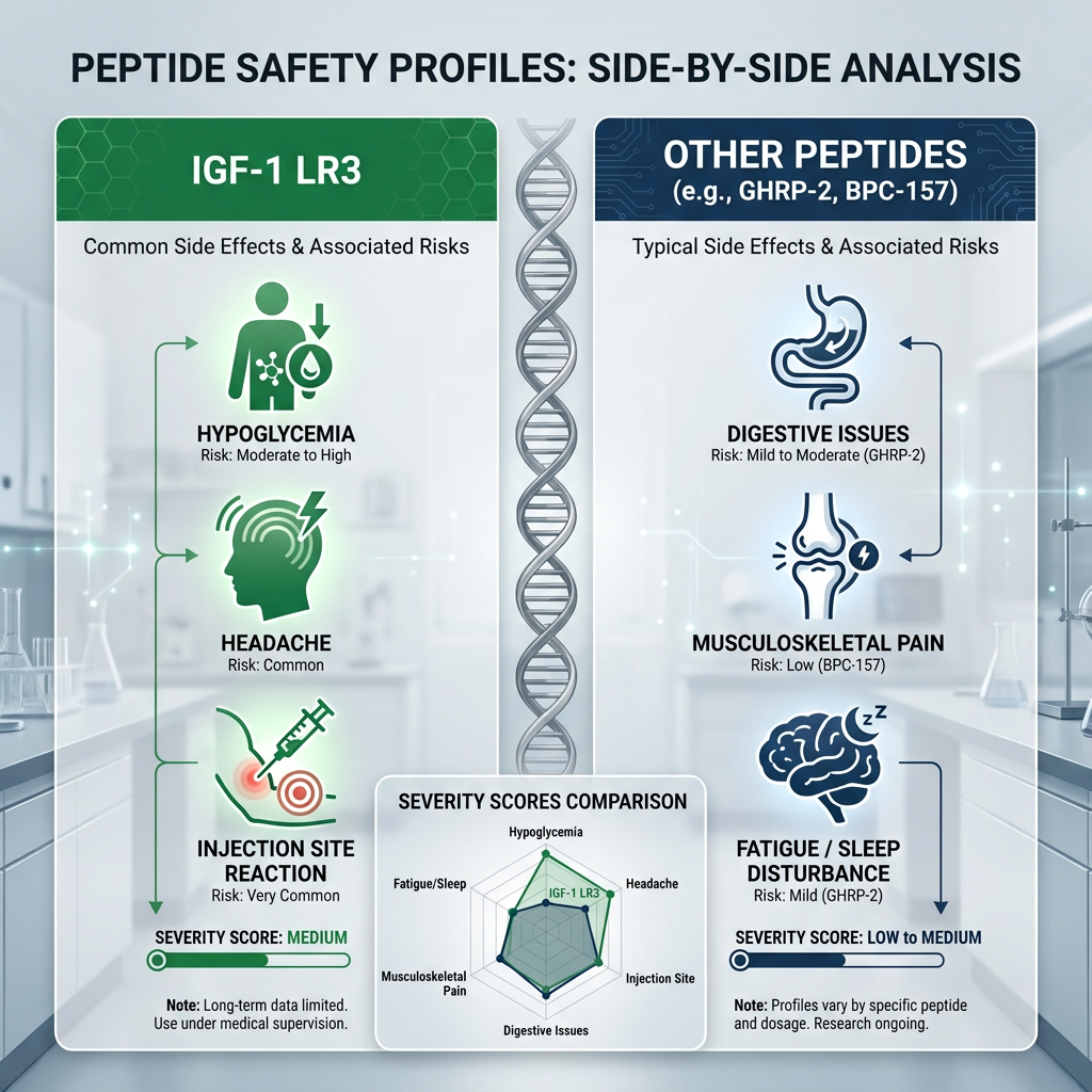Comparison infographic of IGF-1 LR3 versus other peptide safety profiles with icons and radar chart.