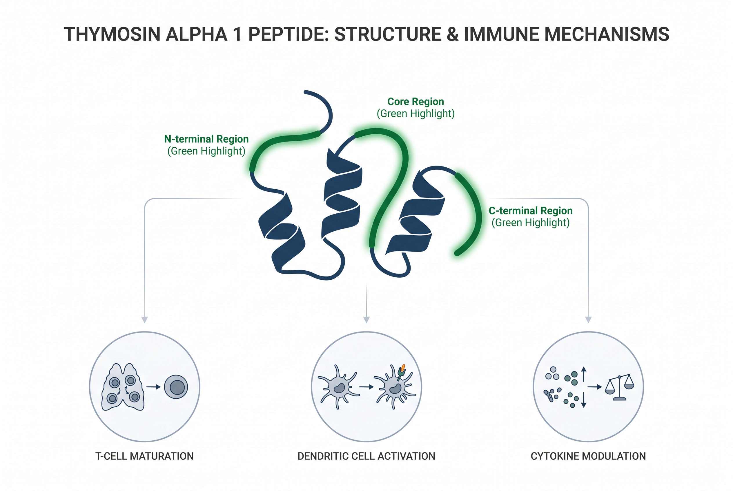 Diagram of thymosin alpha 1 peptide structure and immune pathways from peptides library