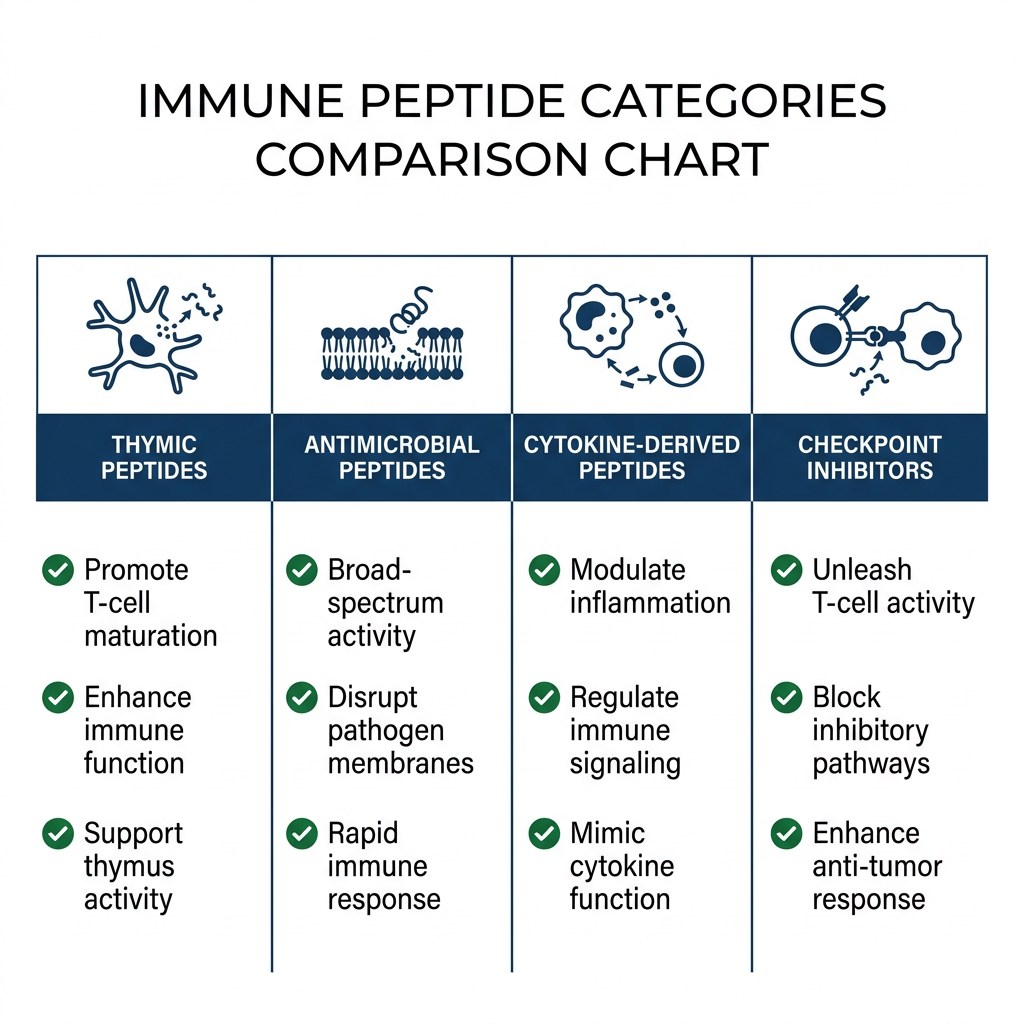 Comparison chart of immune peptide categories with molecular icons and checkmarks