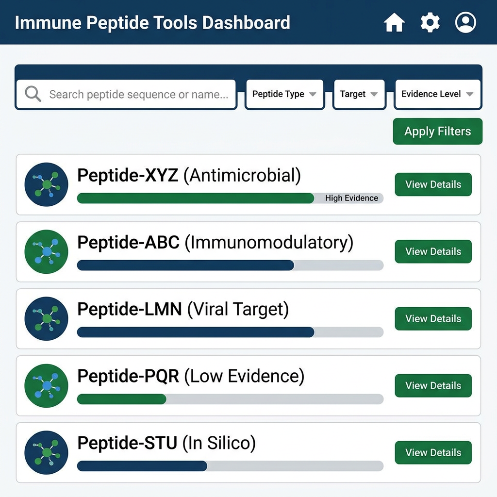 Dashboard interface mockup for immune peptide research tools with filters and results