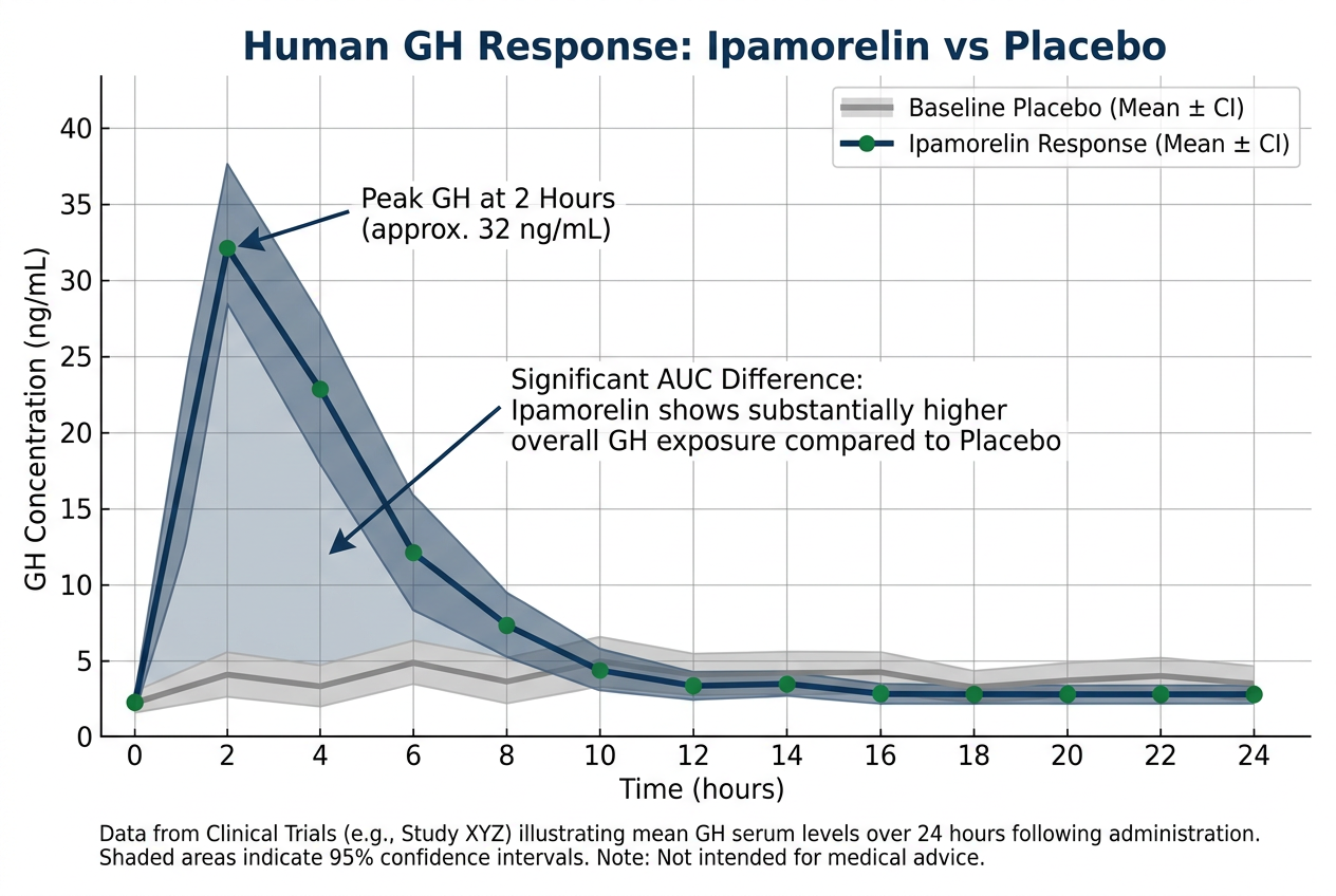 Infographic of a research guide comparing human growth hormone levels after ipamorelin versus placebo over time.