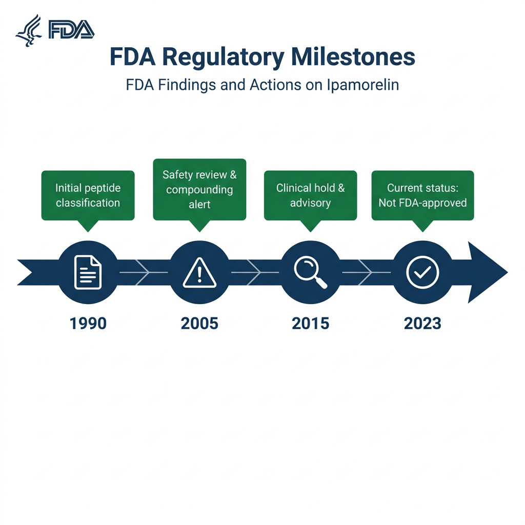 Timeline infographic showing key FDA regulatory milestones for ipamorelin research.
