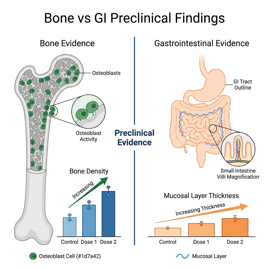 Infographic comparing preclinical bone and gastrointestinal effects of ipamorelin with labeled diagrams.