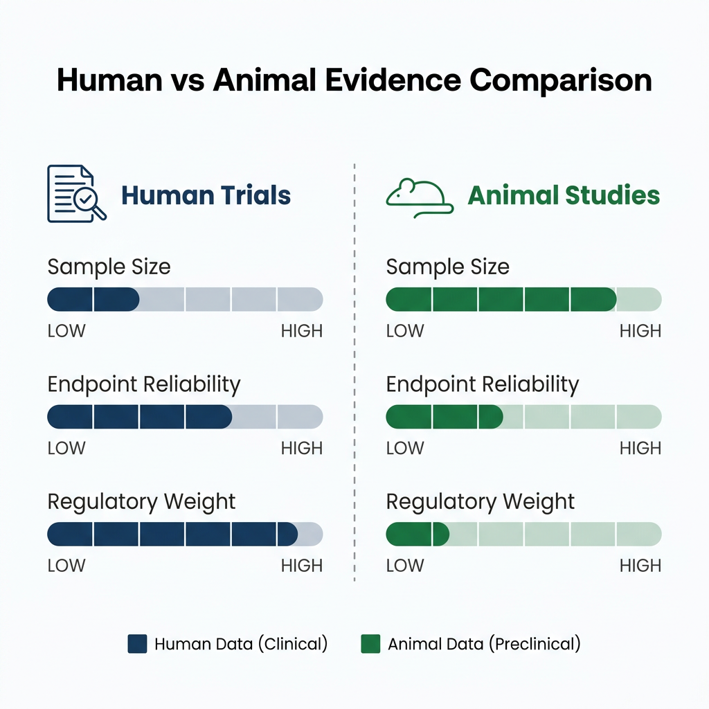 Infographic comparing human trial and animal study evidence for ipamorelin using bar charts.