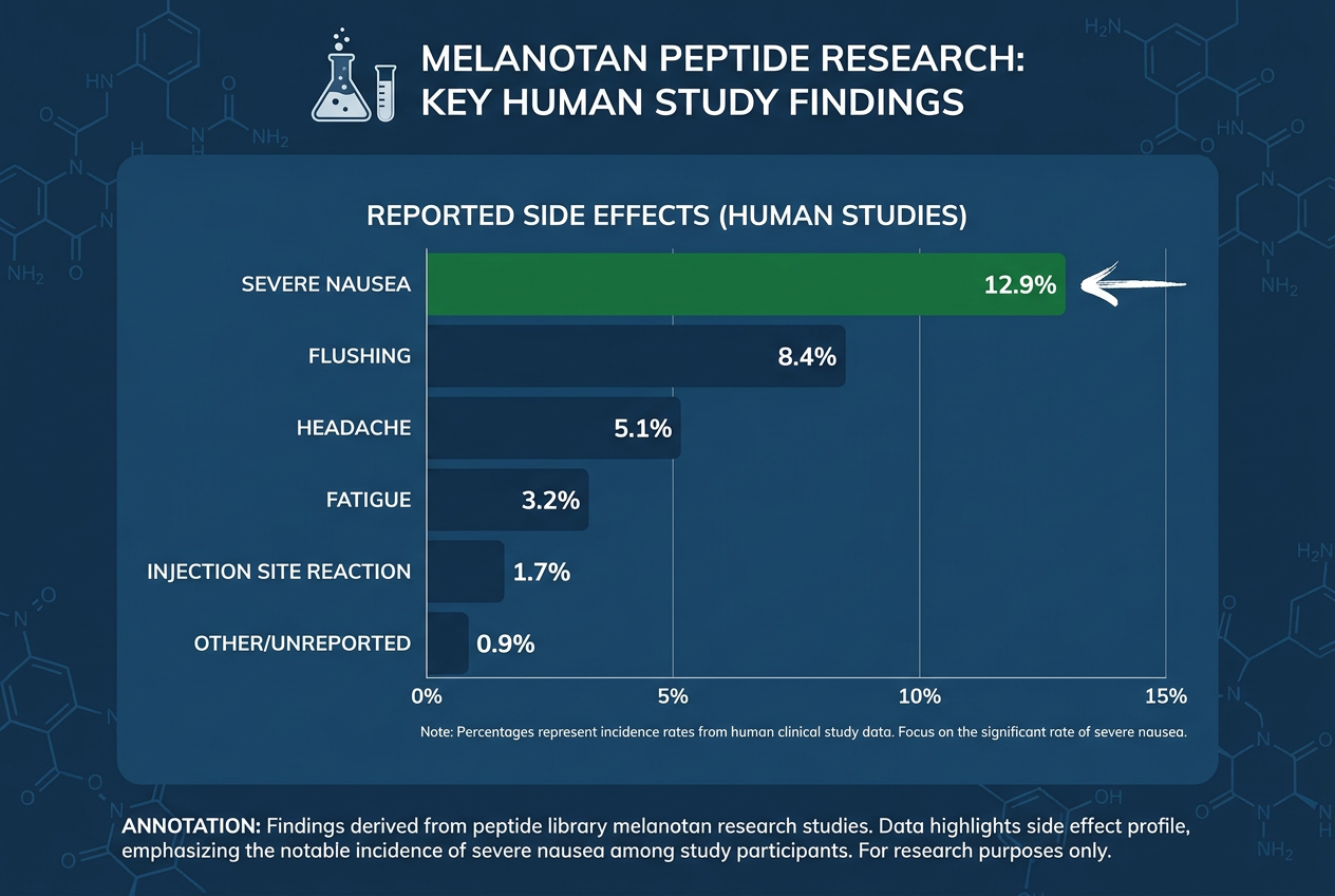 Infographic showing peptides library melanotan human study data with 12.9% severe nausea rate
