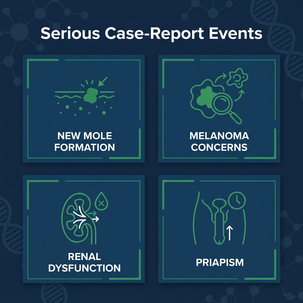 Grid infographic of serious case-report events from peptides library melanotan content