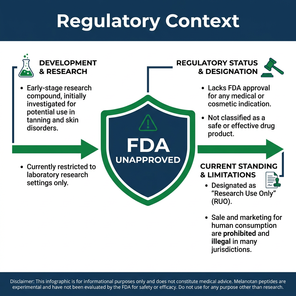 Regulatory context infographic showing FDA unapproved status for peptides library melanotan