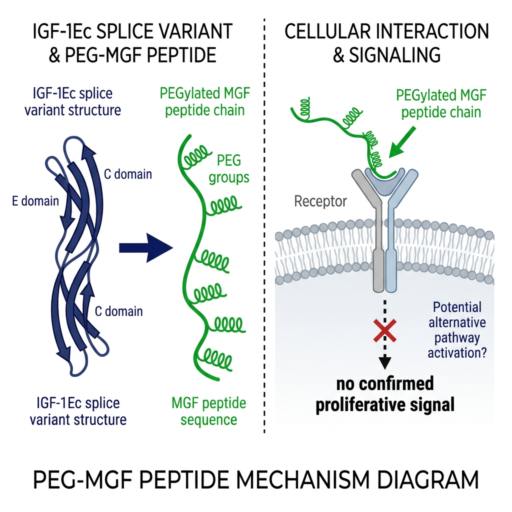 Diagram of PEG-MGF molecular structure and IGF-1Ec mechanism from peptides library research overview.