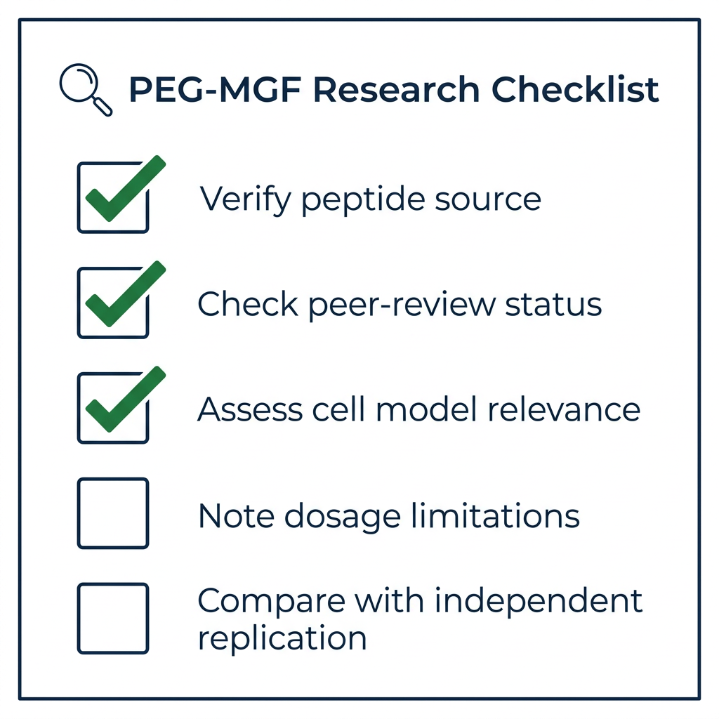 Research checklist infographic for evaluating PEG-MGF studies from peptides library, with five verification items.