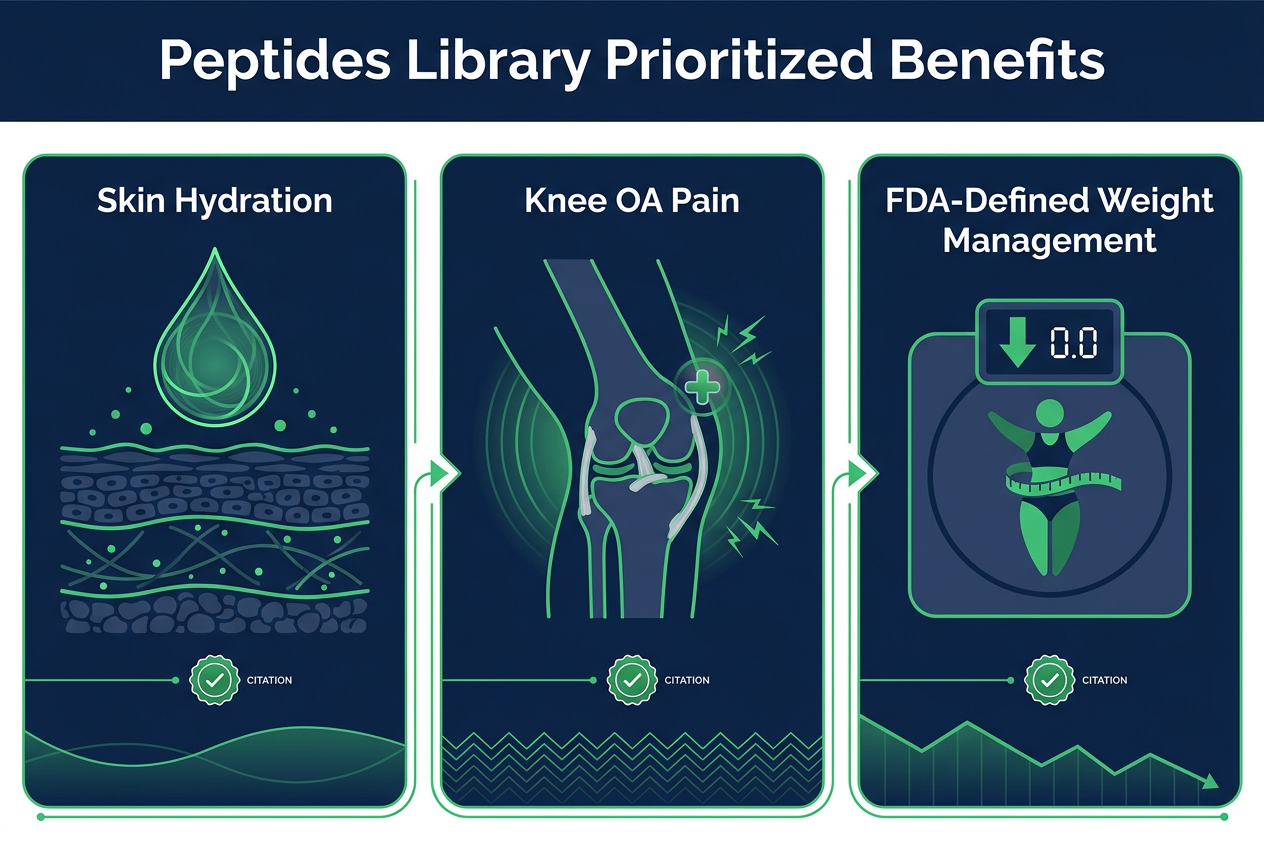 Infographic showing peptides library prioritized benefits: skin hydration, knee osteoarthritis pain, and FDA-defined weight management with evidence icons.