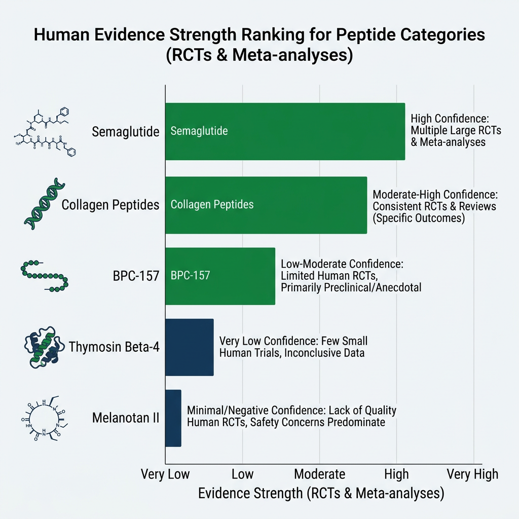Bar chart ranking peptide categories by human evidence strength, with navy and green bars and molecular icons.