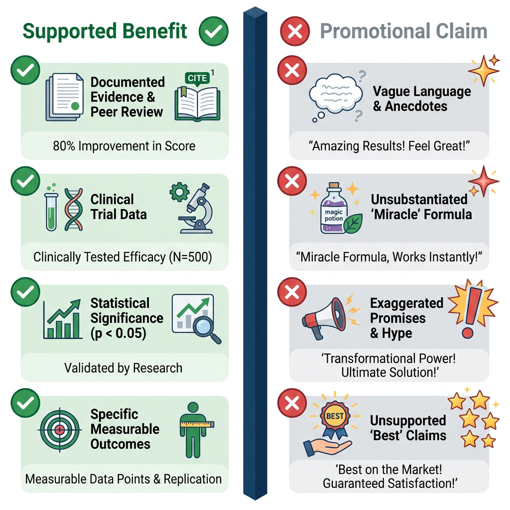 Comparison infographic contrasting supported peptide benefits with promotional claims using green checkmarks and gray X marks.