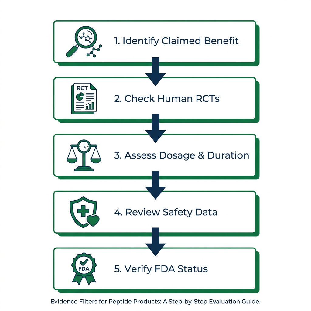 Flowchart showing five evidence filter steps for evaluating peptide products, with navy and green icons.