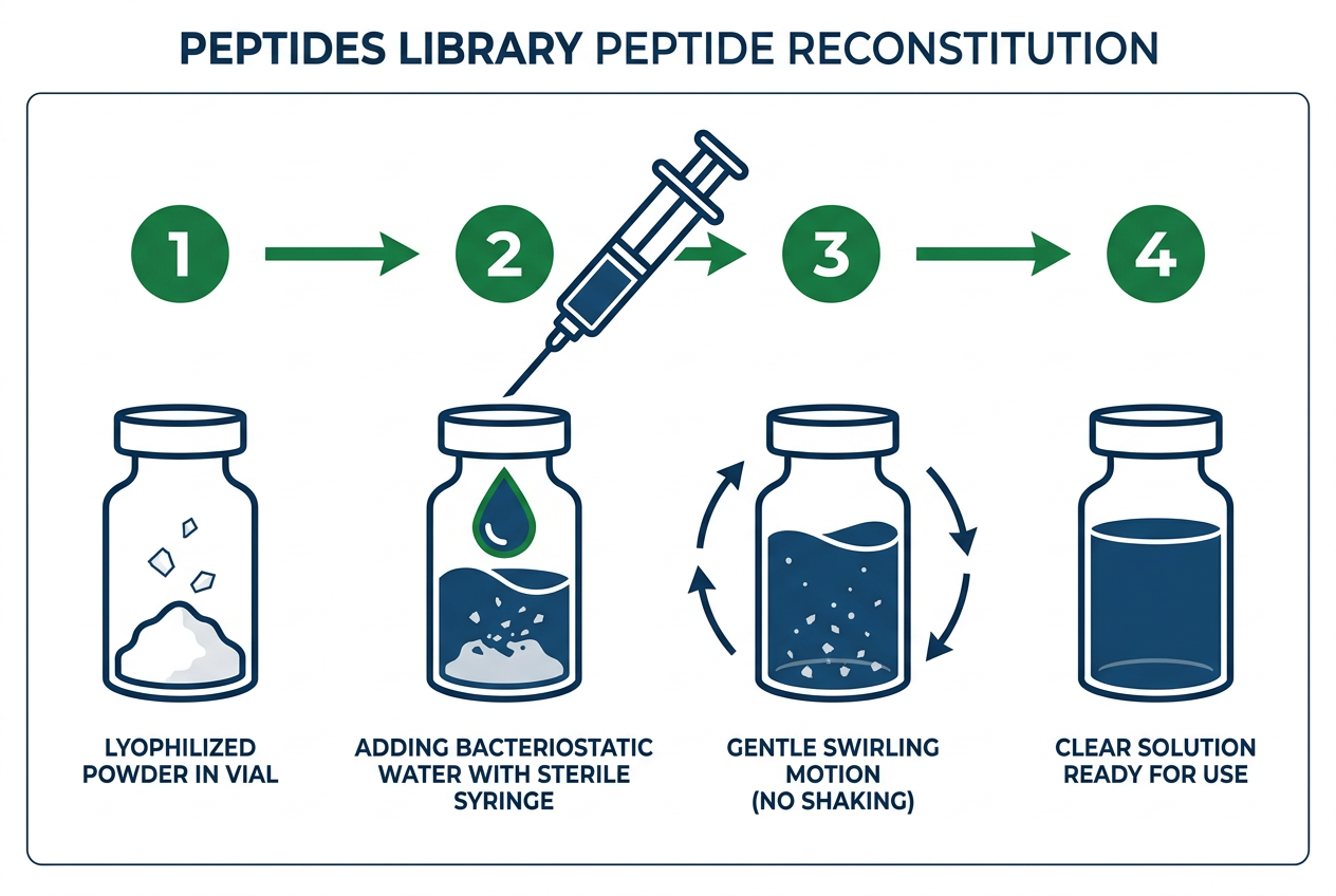 Step-by-step peptides library peptide reconstitution protocol infographic with sterile syringe and vial.