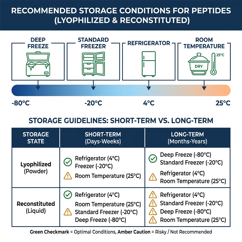 Temperature gradient chart comparing lyophilized and reconstituted peptide storage conditions.