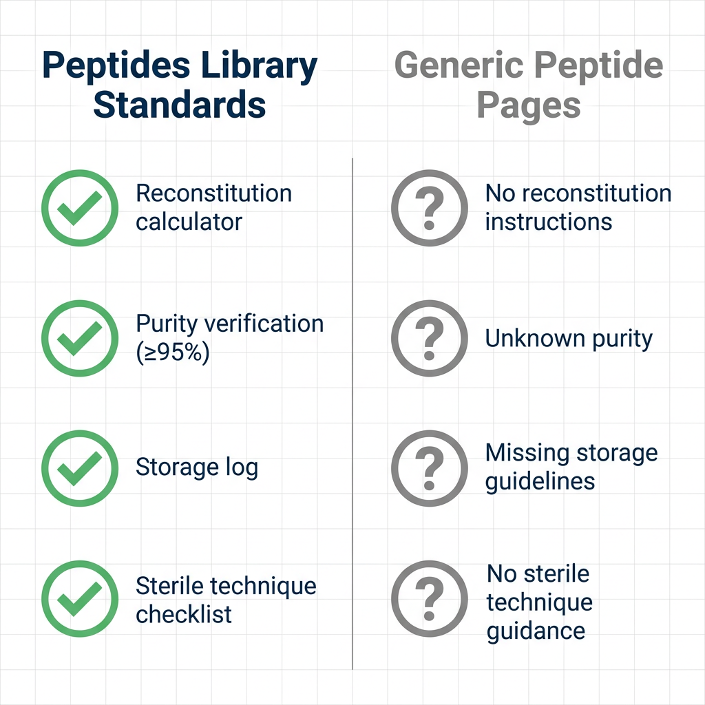 Comparison infographic of peptides library standards versus generic peptide pages with checkmarks and question marks.