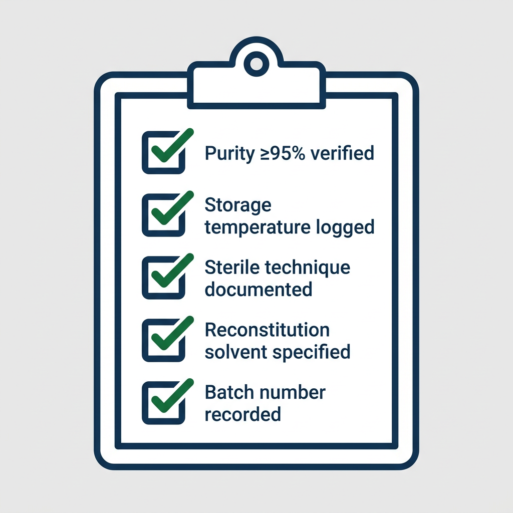 Checklist infographic for auditing peptide protocol with green checkmarks and navy blue text.