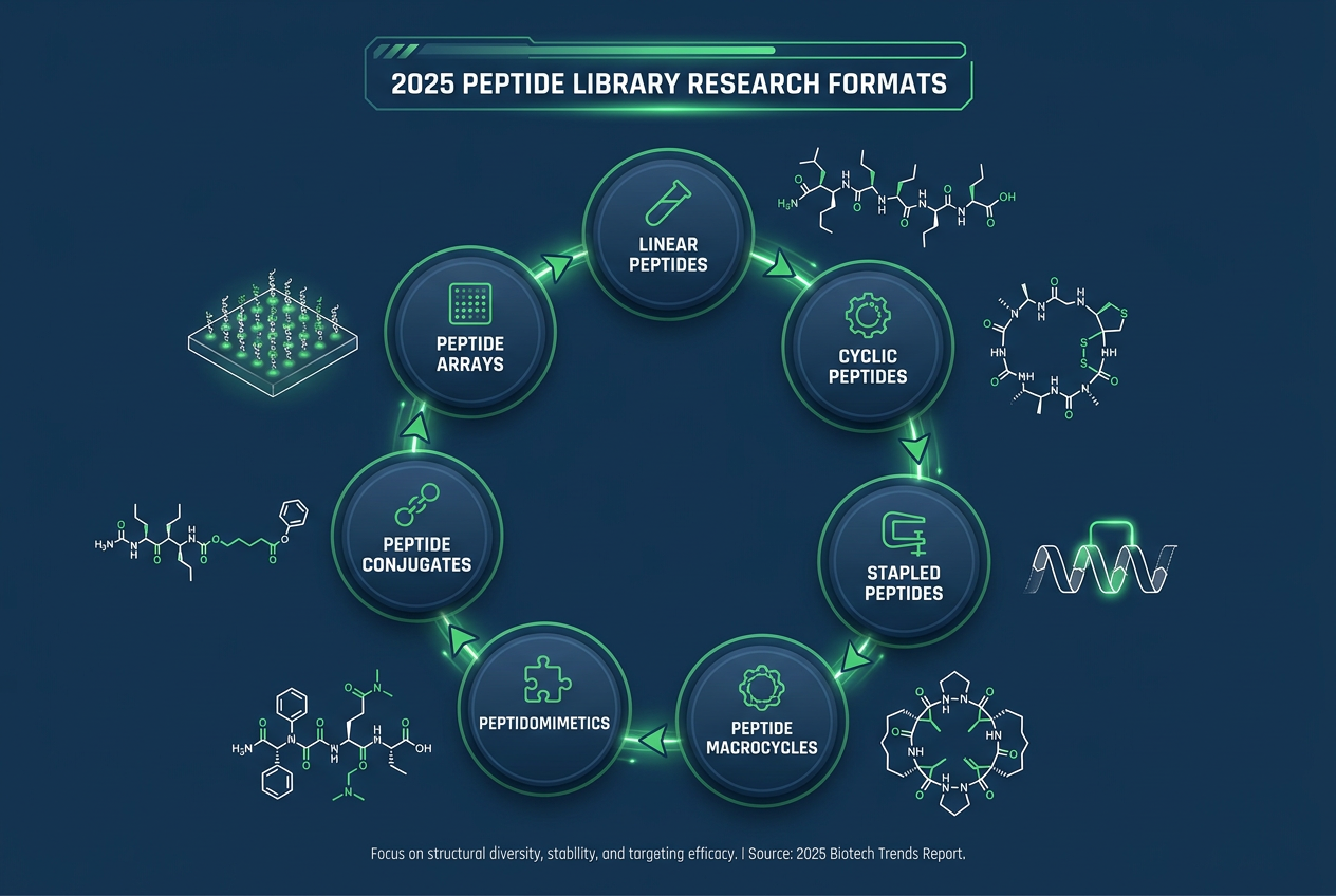Infographic showing seven peptide research formats in a peptides library, with green and navy molecular icons.