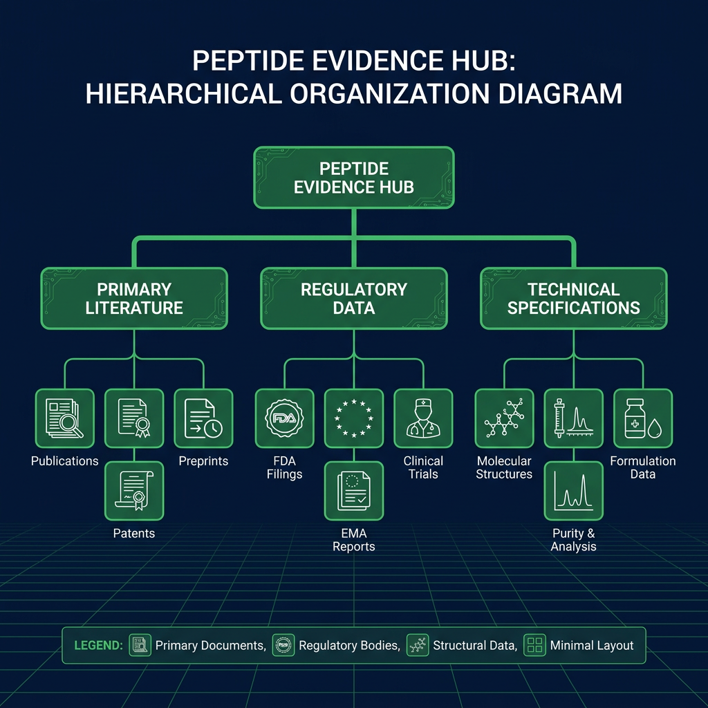 Flowchart diagram of peptide evidence organization with literature, regulatory, and technical data branches.