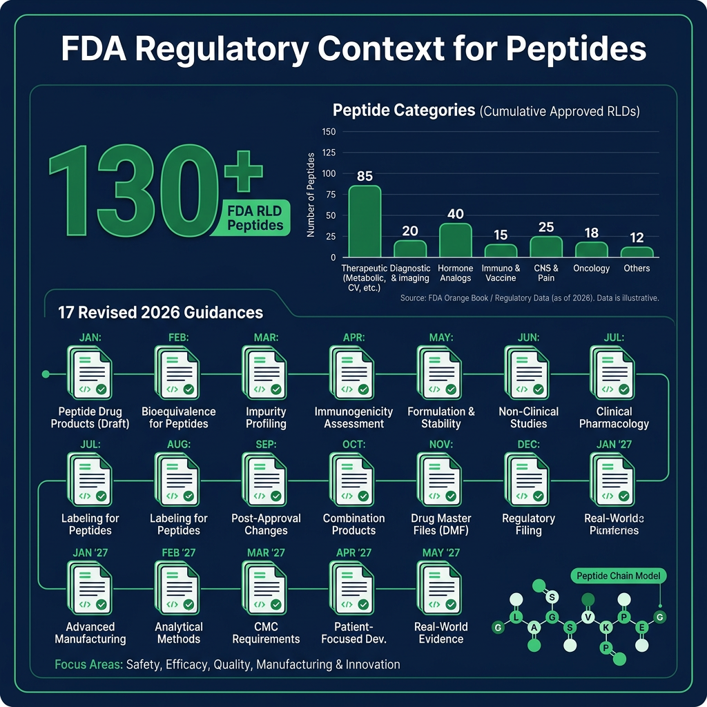 Infographic showing 130 plus FDA RLD peptides and 17 revised 2026 guidances in a peptides library.