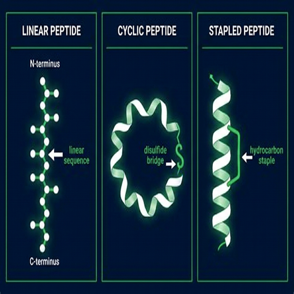 Comparison diagram of linear, cyclic, and stapled peptide structures with labeled features.