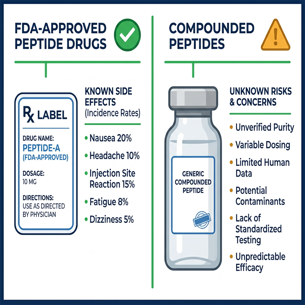 Infographic comparing FDA-labeled peptide drug safety data versus compounded peptide risks, highlighting known versus unknown side effect profiles.