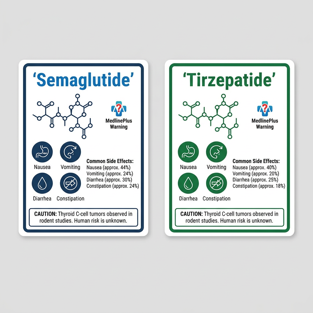 Side-by-side safety warning cards for semaglutide and tirzepatide showing common gastrointestinal side effects and MedlinePlus cautions.