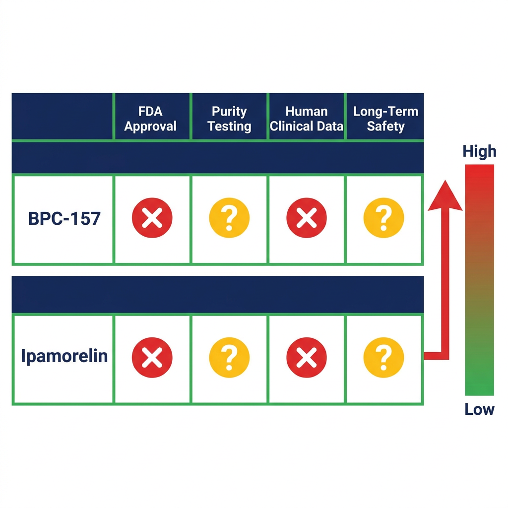 Risk assessment diagram for compounded peptides BPC-157 and ipamorelin indicating unverified safety, unknown purity, and limited clinical data.