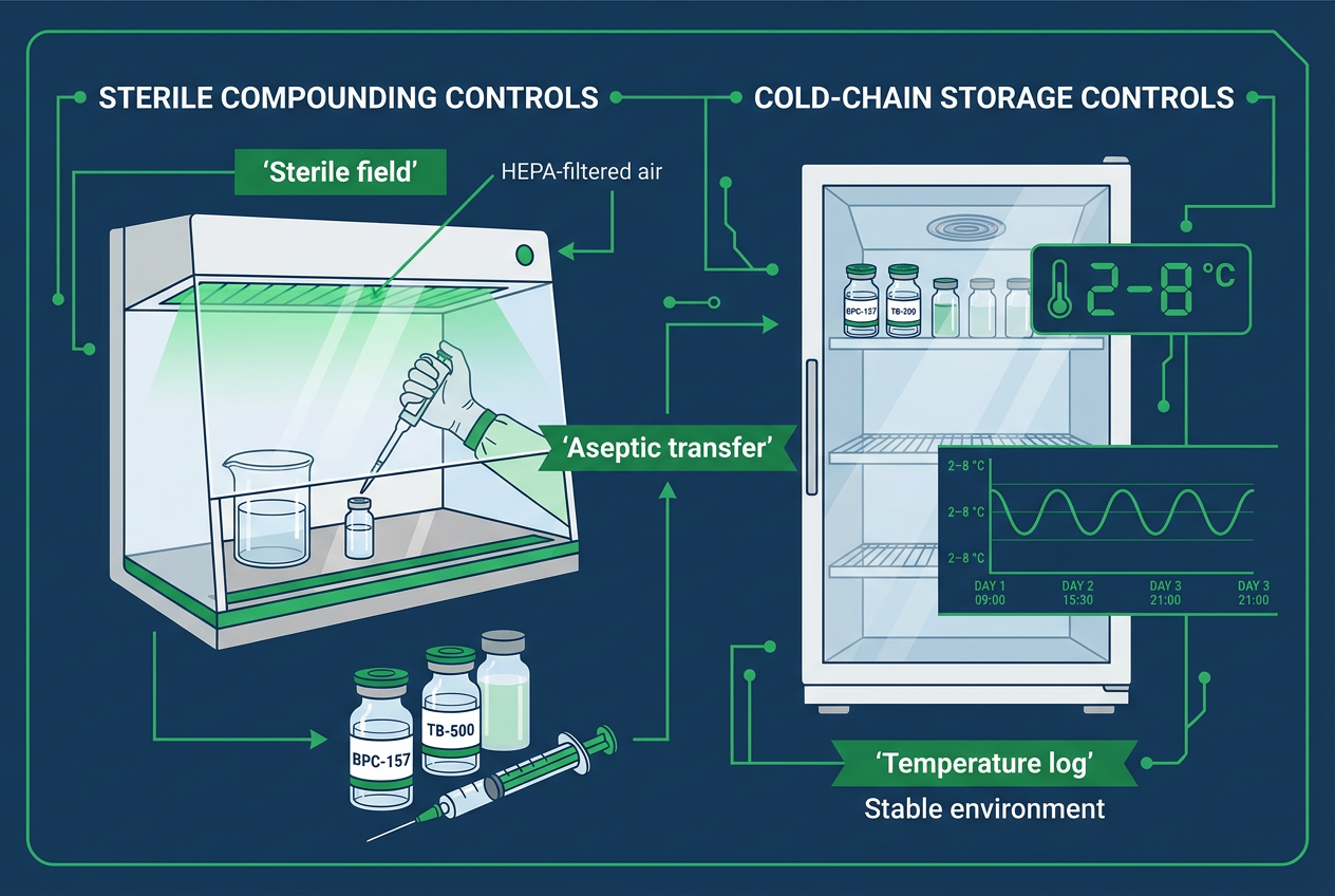 Infographic showing sterile compounding and storage controls for peptides library peptide research, with cold-chain and aseptic icons.