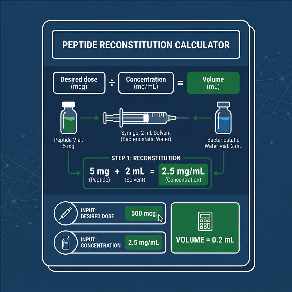 Infographic showing reconstitution math calculator and formula for peptide vials with navy and green design.