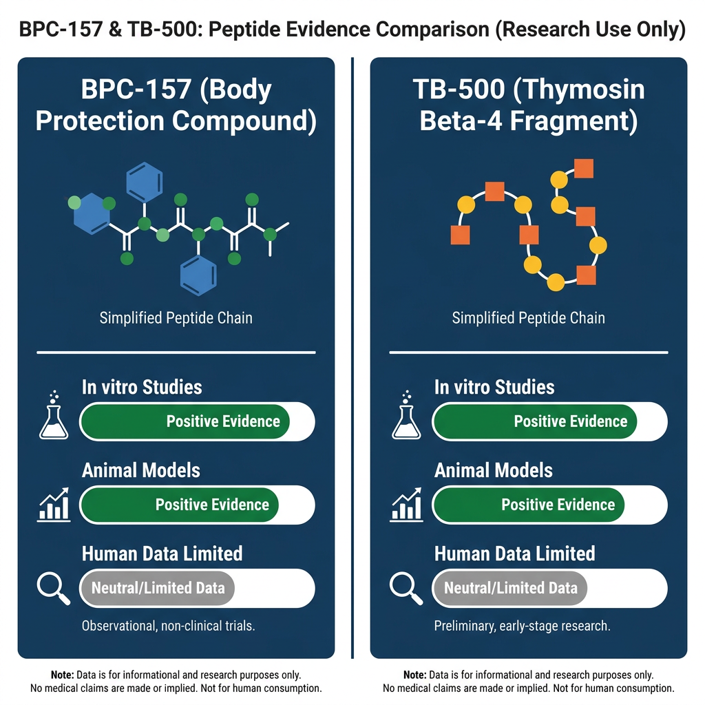 Comparison chart of BPC-157 and TB-500 research evidence with molecular icons and score bars.