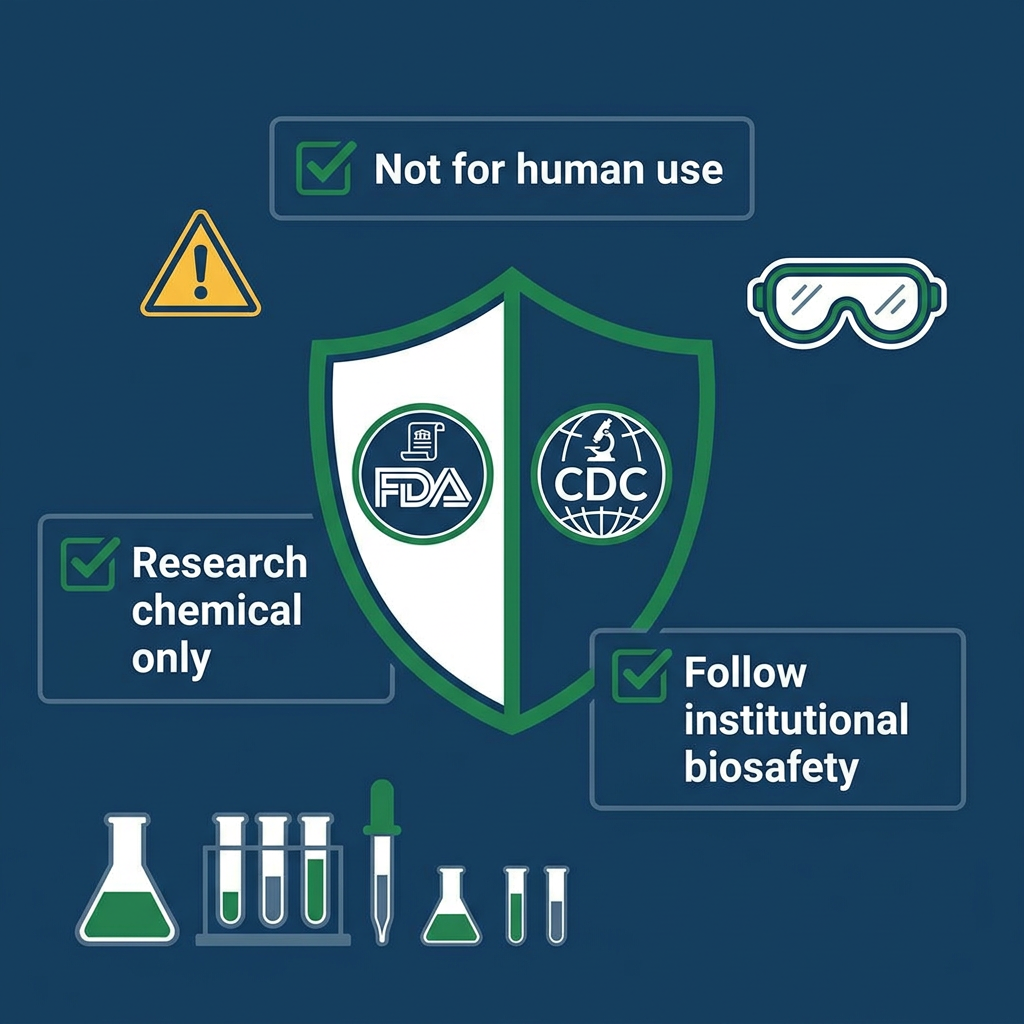 Infographic showing FDA and CDC safety considerations for peptide research with shield and checklist icons.
