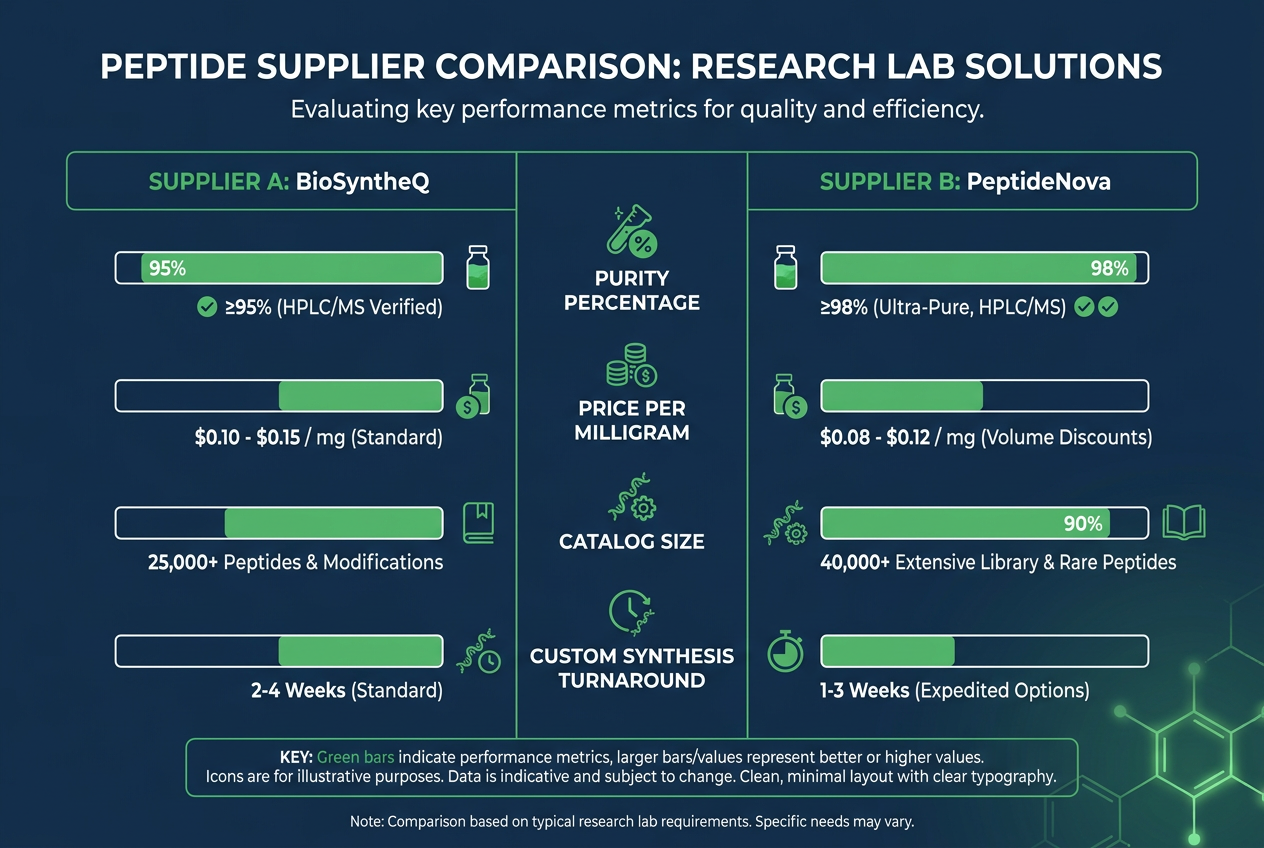 comparison for research labs — Infographic comparing peptide suppliers for research labs on purity, price, and catalog breadth.
