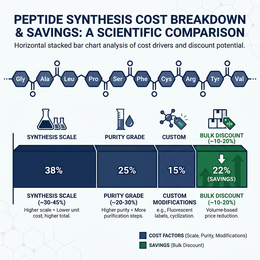 Infographic showing peptide pricing factors with stacked bar chart and cost breakdown.