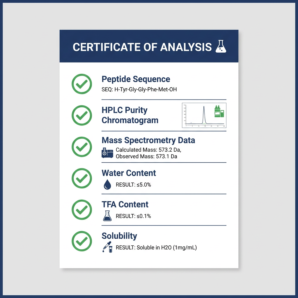 Infographic of a peptide certificate of analysis with labeled purity and mass spec sections.